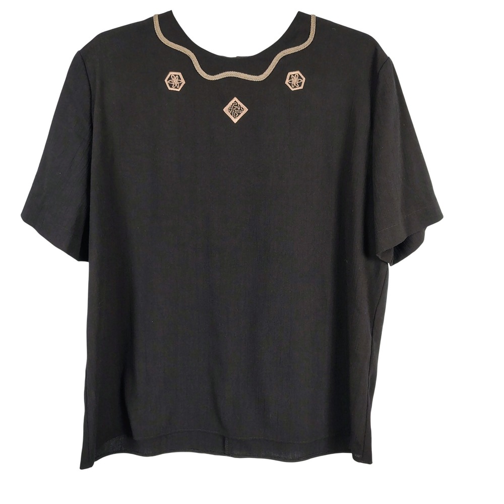 Womens SZ L Embroidered Short Sleeve Blouse Black Textured Minimalist Boho